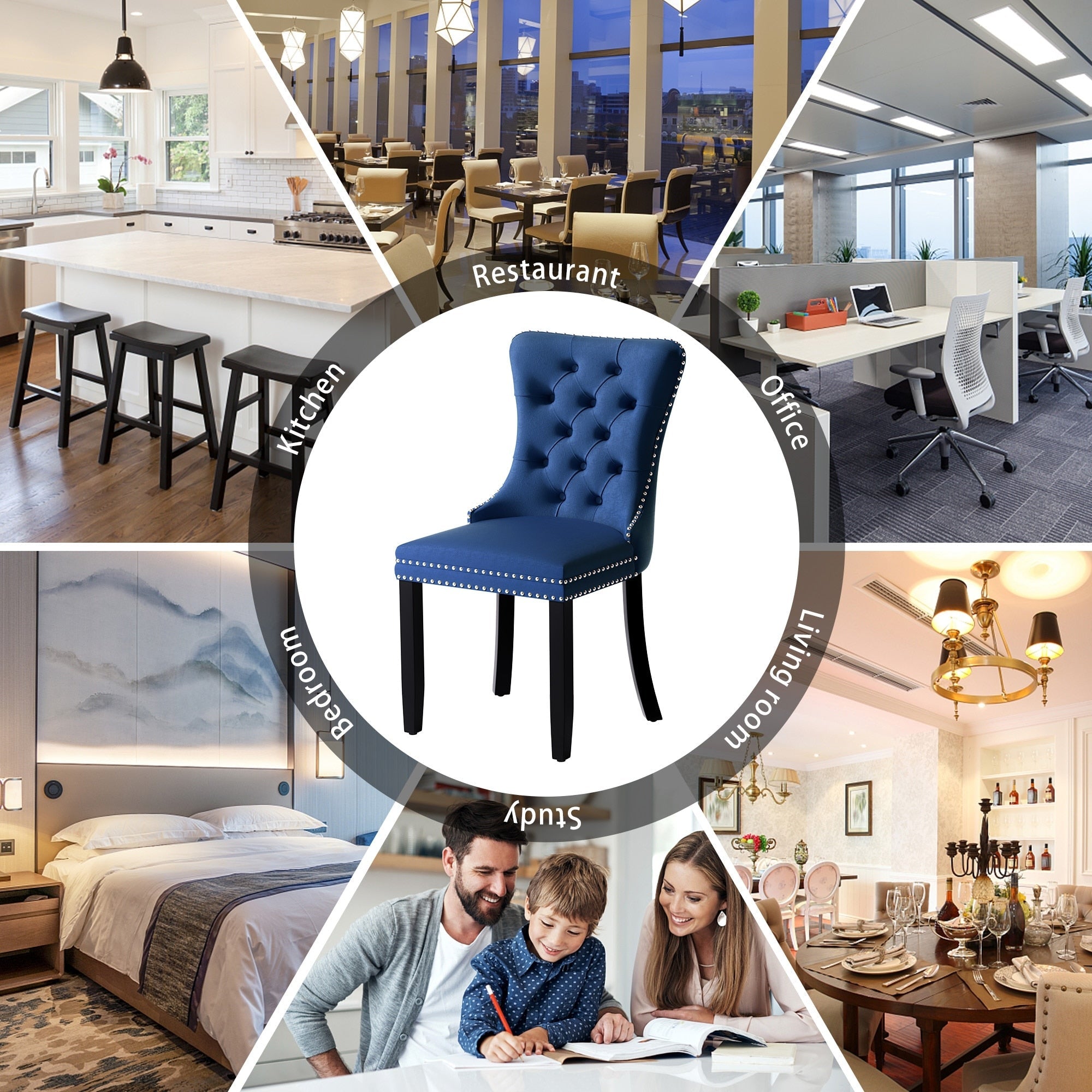 Lot de 6 chaises de salle à manger en velours capitonné avec pieds en bois massif.