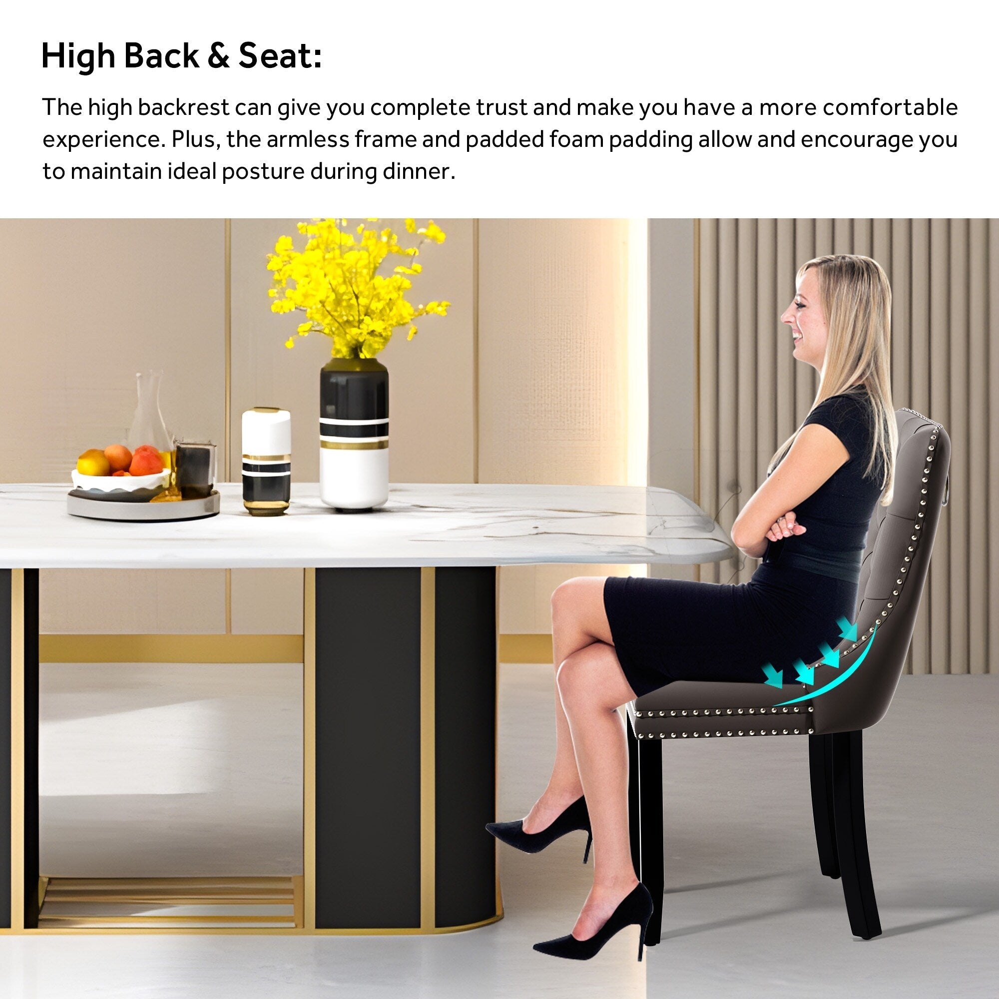 Lot de 6 chaises de salle à manger en velours capitonné avec pieds en bois massif.