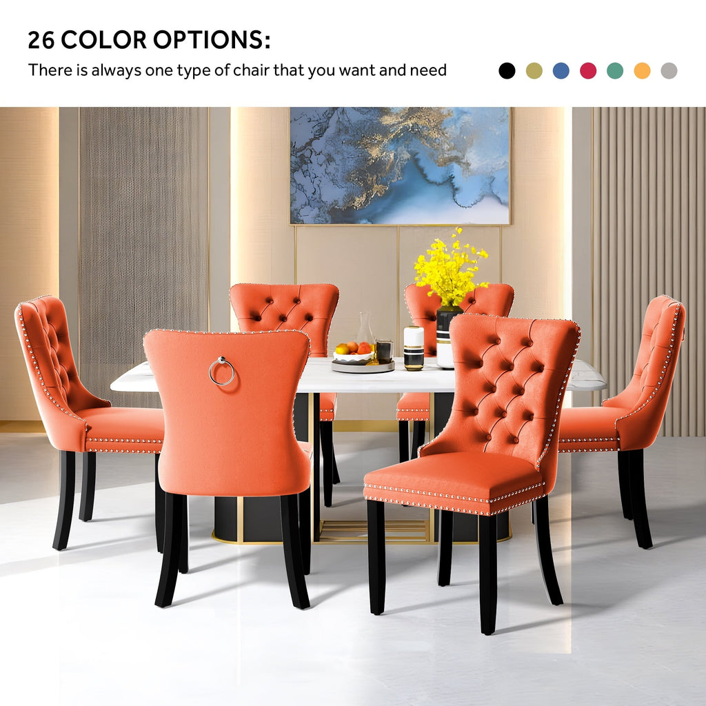 Lot de 6 chaises de salle à manger en velours capitonné avec pieds en bois massif.