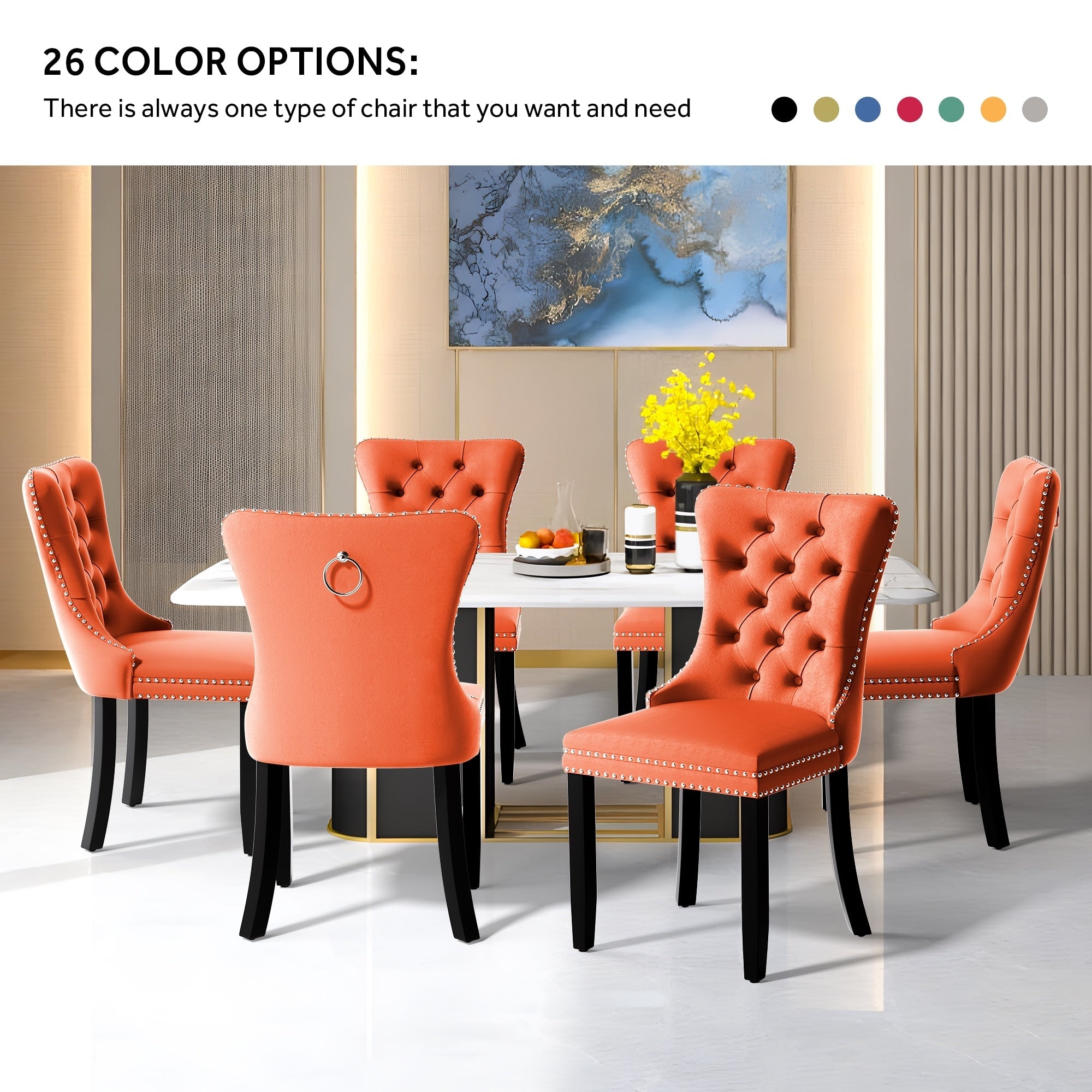 Lot de 6 chaises de salle à manger en velours capitonné avec pieds en bois massif.