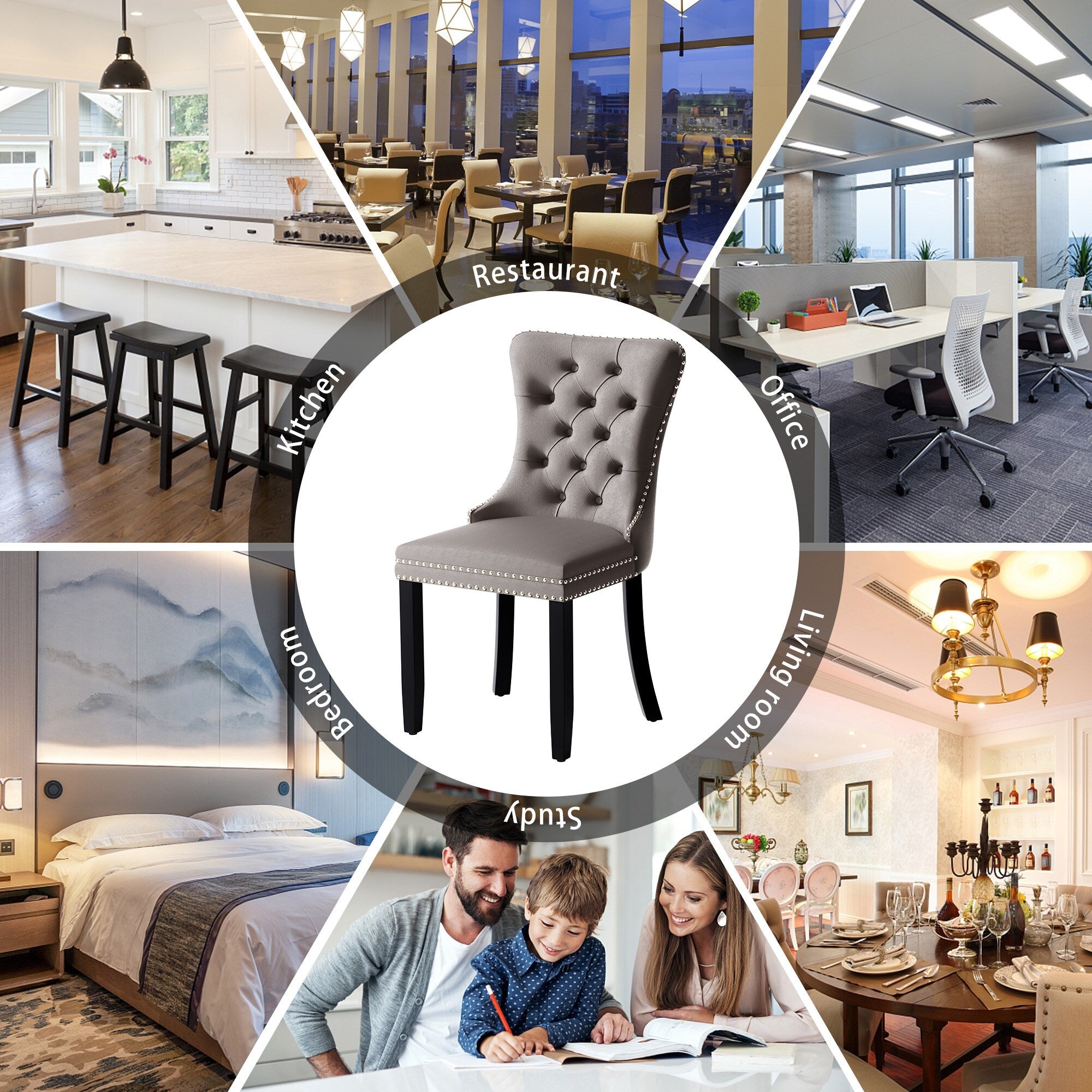 Lot de 6 chaises de salle à manger en velours capitonné avec pieds en bois massif.