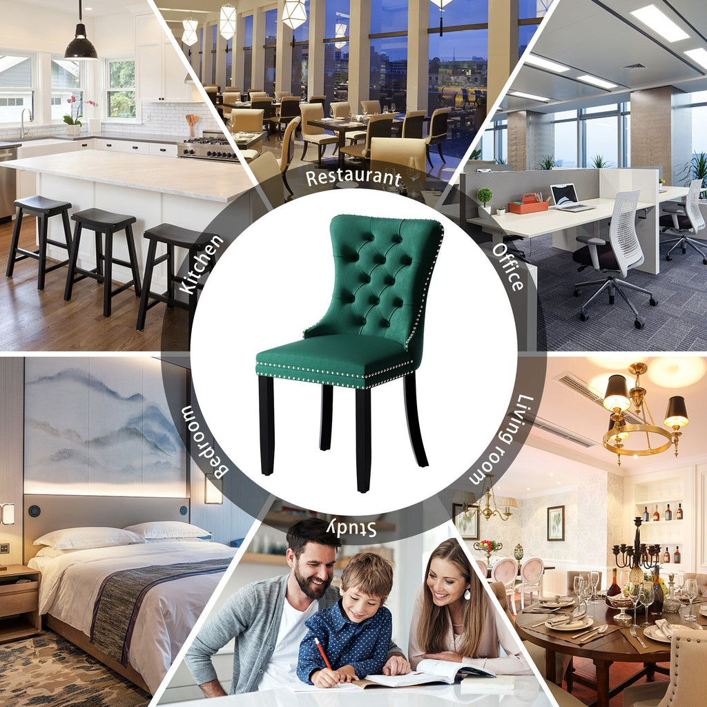 Lot de 6 chaises de salle à manger en velours capitonné avec pieds en bois massif.