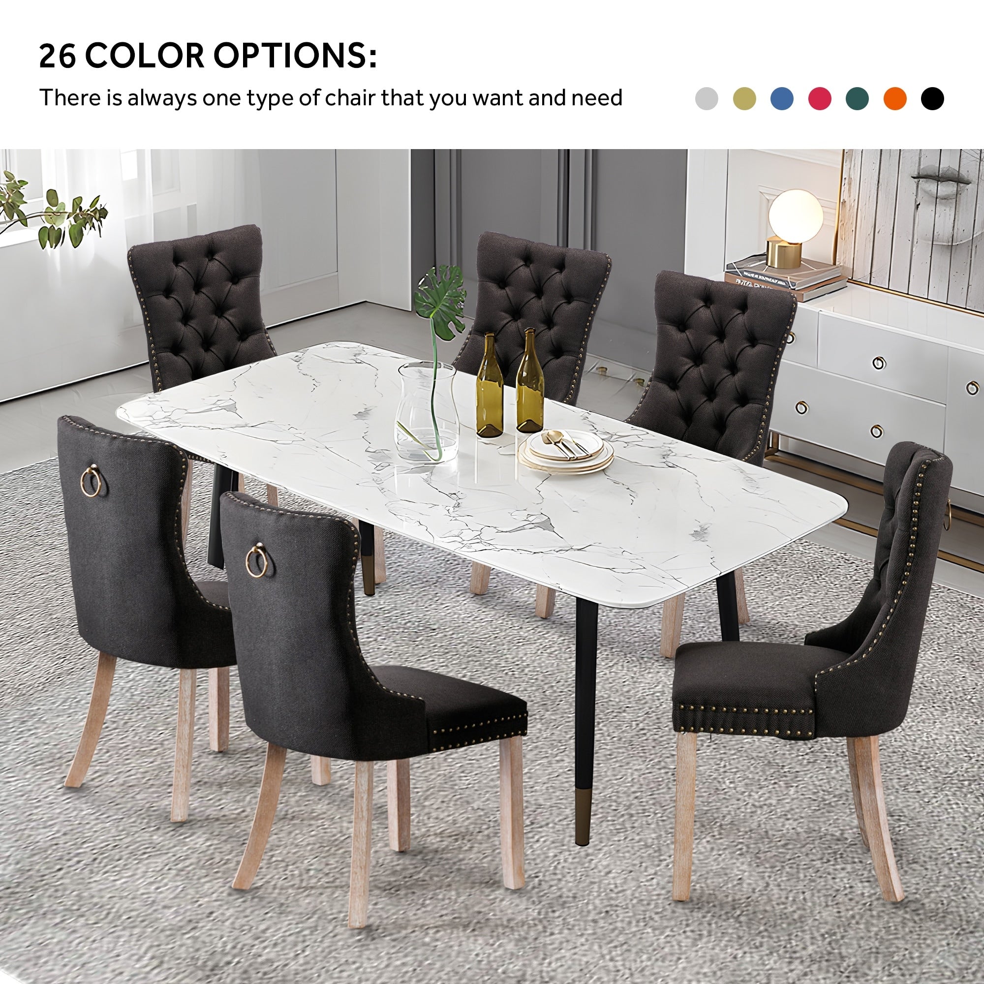 Lot de 6 chaises de salle à manger en velours capitonné avec pieds en bois massif.