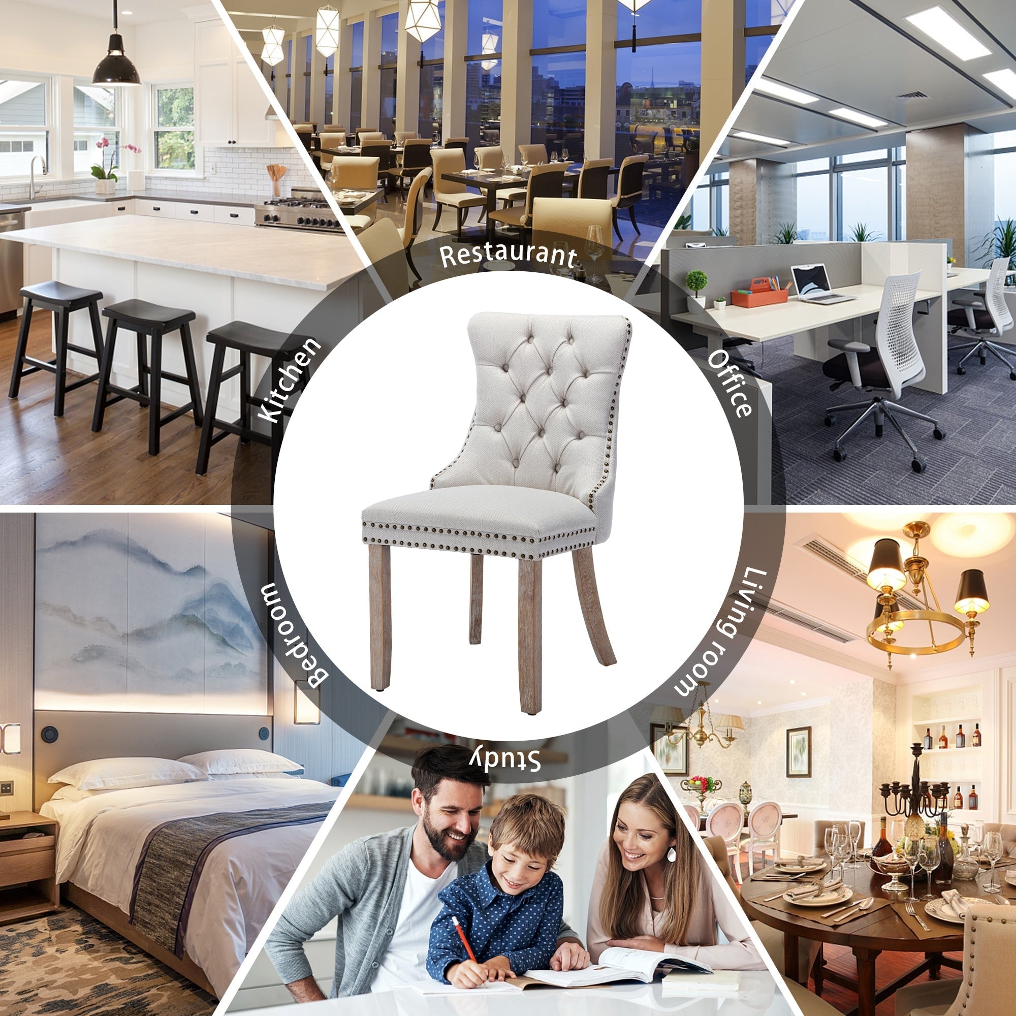 Lot de 6 chaises de salle à manger en velours capitonné avec pieds en bois massif.