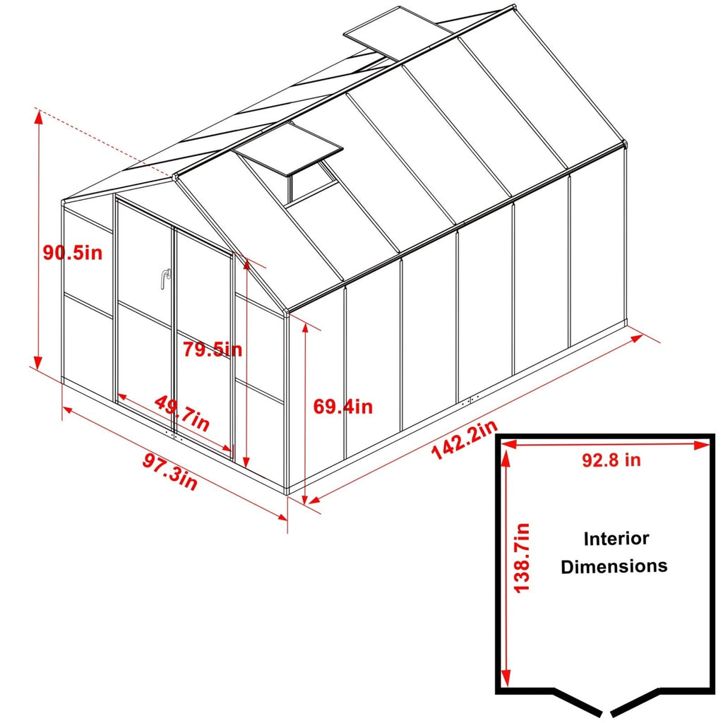 VEIKOUS Kit de serre de jardin en aluminium avec porte verrouillable et fenêtre de toit réglable, gris.