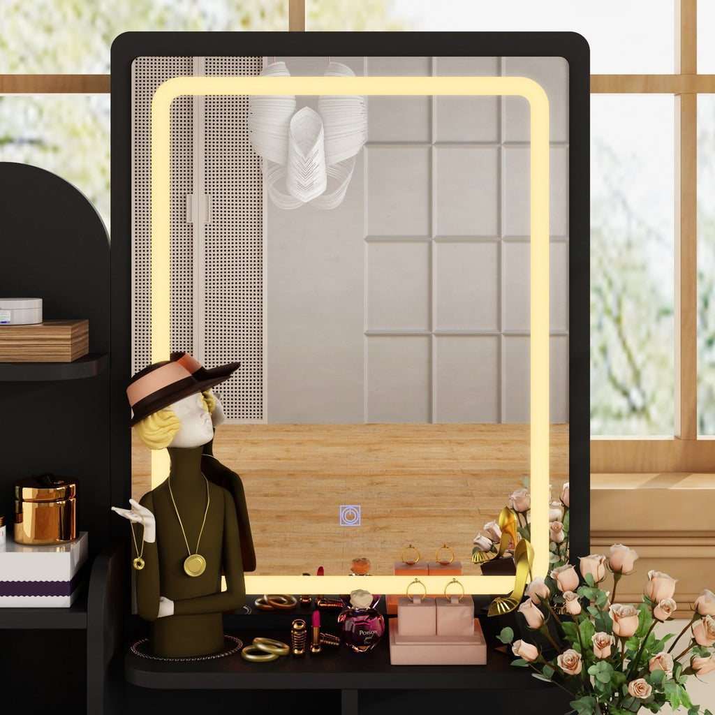 Coiffeuse avec miroir et lampe, table de maquillage et de coiffure avec tabouret.