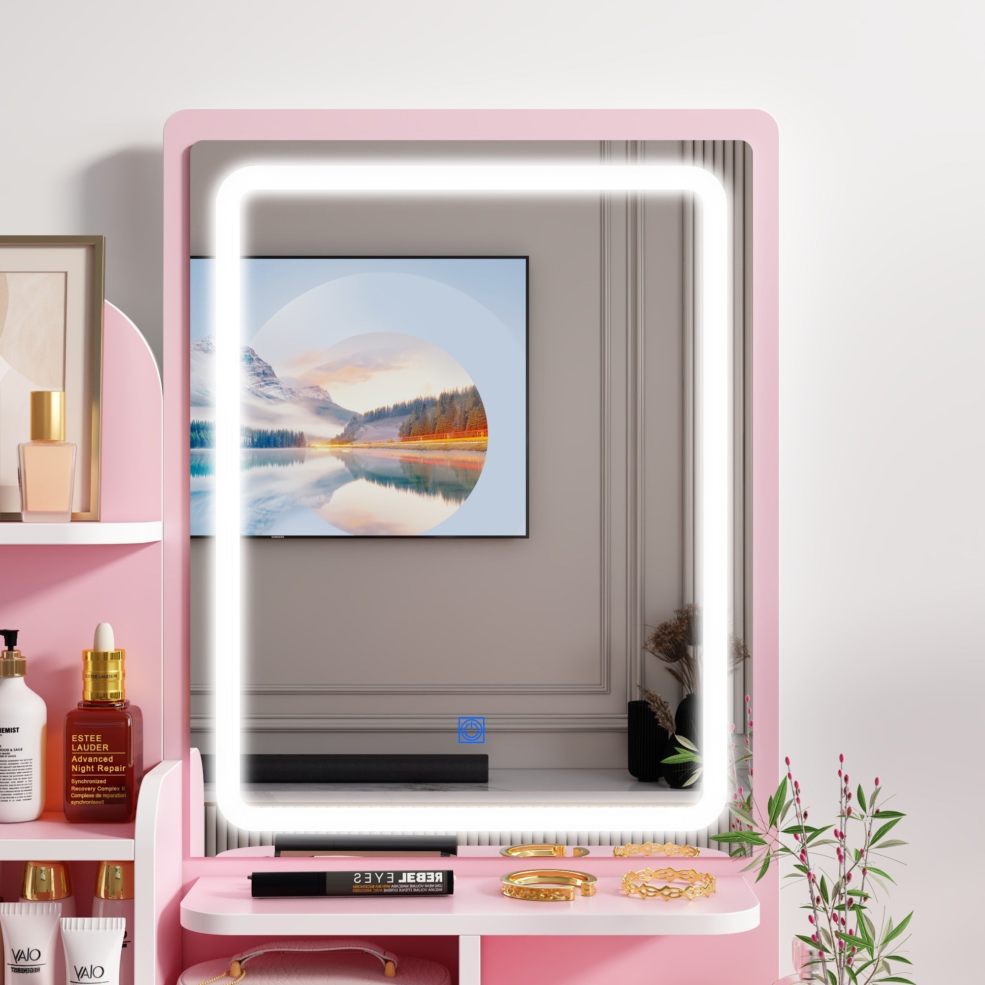 Coiffeuse avec miroir et lampe, table de maquillage et de coiffure avec tabouret.