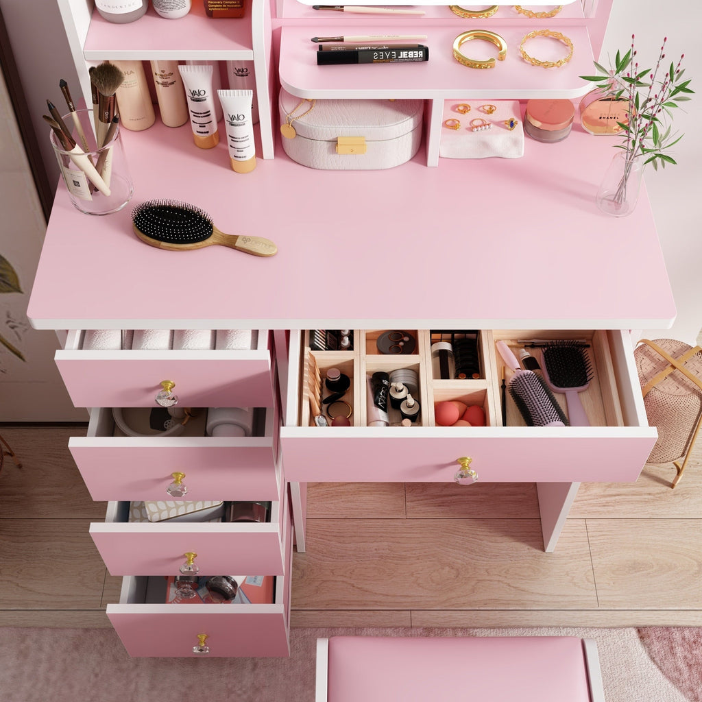 Coiffeuse avec miroir et lampe, table de maquillage et de coiffure avec tabouret.