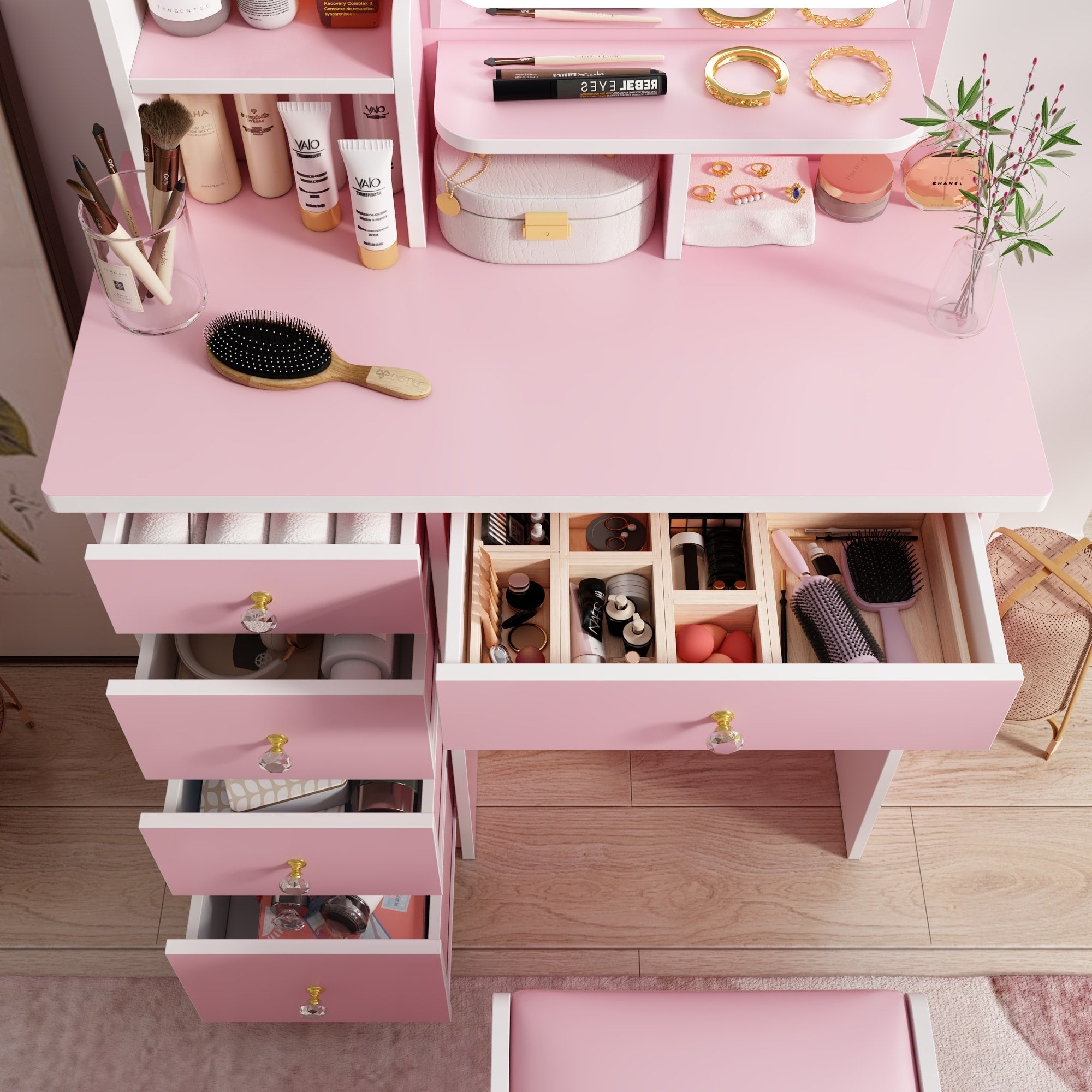 Coiffeuse avec miroir et lampe, table de maquillage et de coiffure avec tabouret.