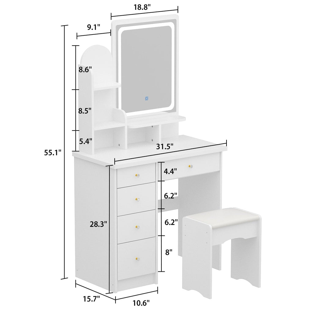 Coiffeuse avec miroir et lampe, table de maquillage et de coiffure avec tabouret.
