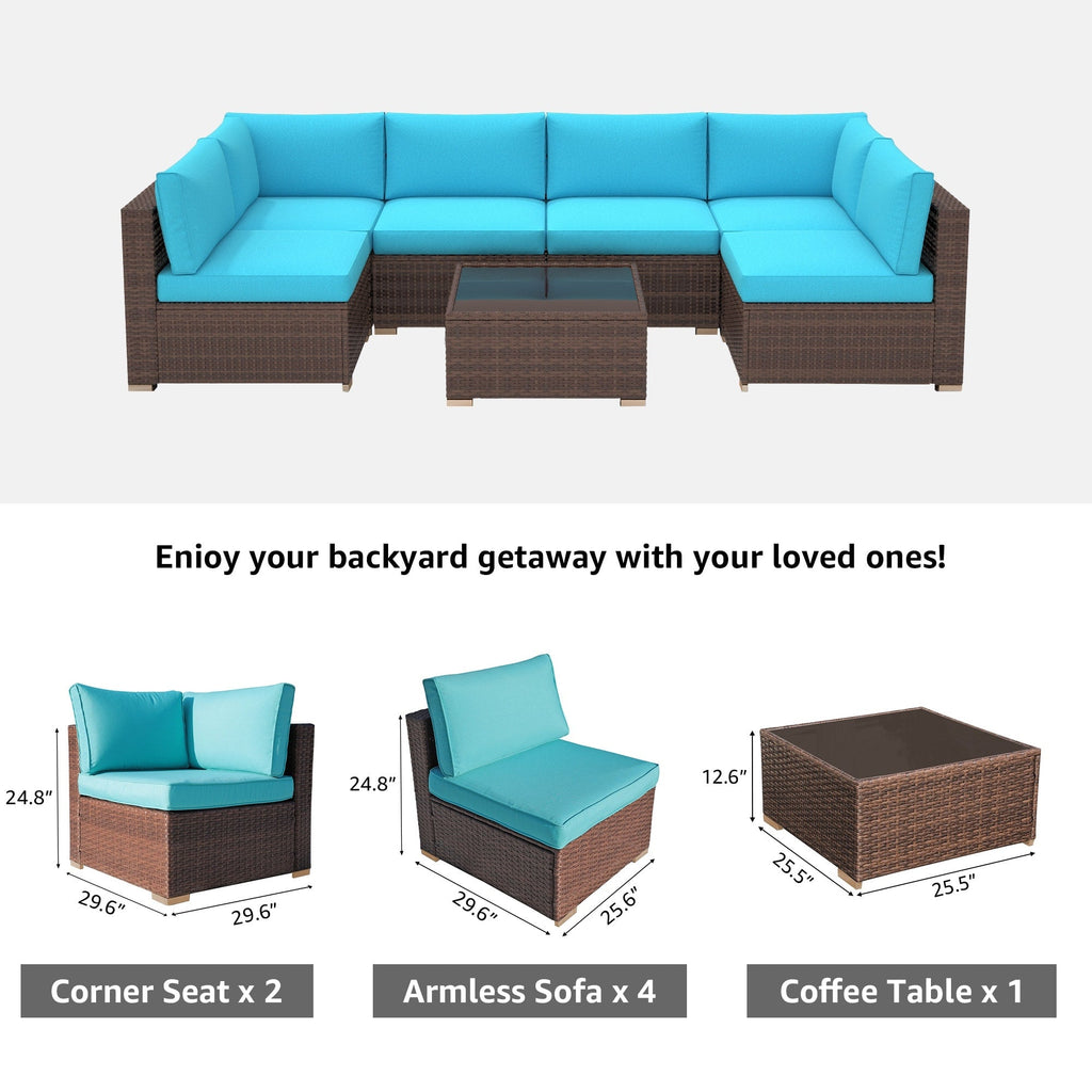 Ensemble de canapé d'extérieur modulable en osier et acier avec coussins, 7 pièces