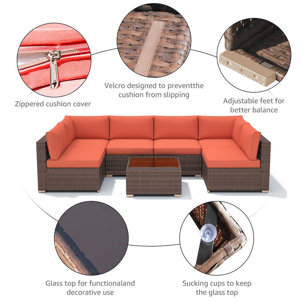 Ensemble de canapé d'extérieur modulable en osier et acier avec coussins, 7 pièces