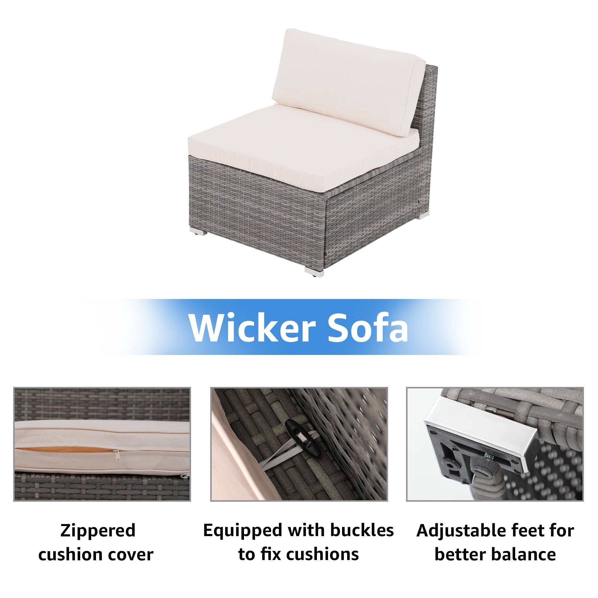 Ensemble de canapé d'extérieur modulable en osier et acier avec coussins, 7 pièces