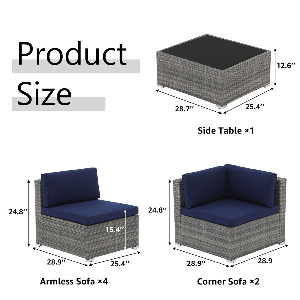 Ensemble de canapé d'extérieur modulable en osier et acier avec coussins, 7 pièces