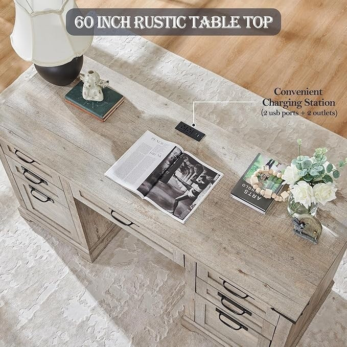 Bureau de direction de style farmhouse de 60 pouces, bureau de travail en bois pour la maison, bureau d'ordinateur