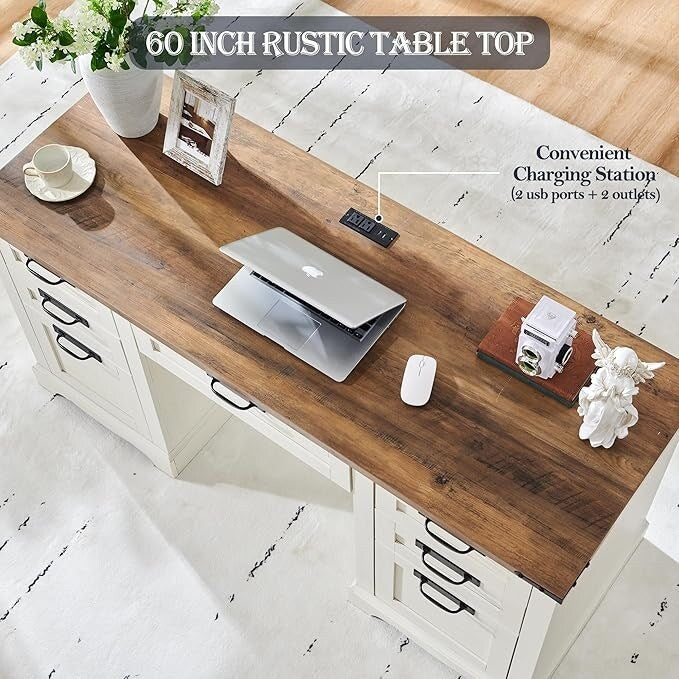 Bureau de direction de style farmhouse de 60 pouces, bureau de travail en bois pour la maison, bureau d'ordinateur