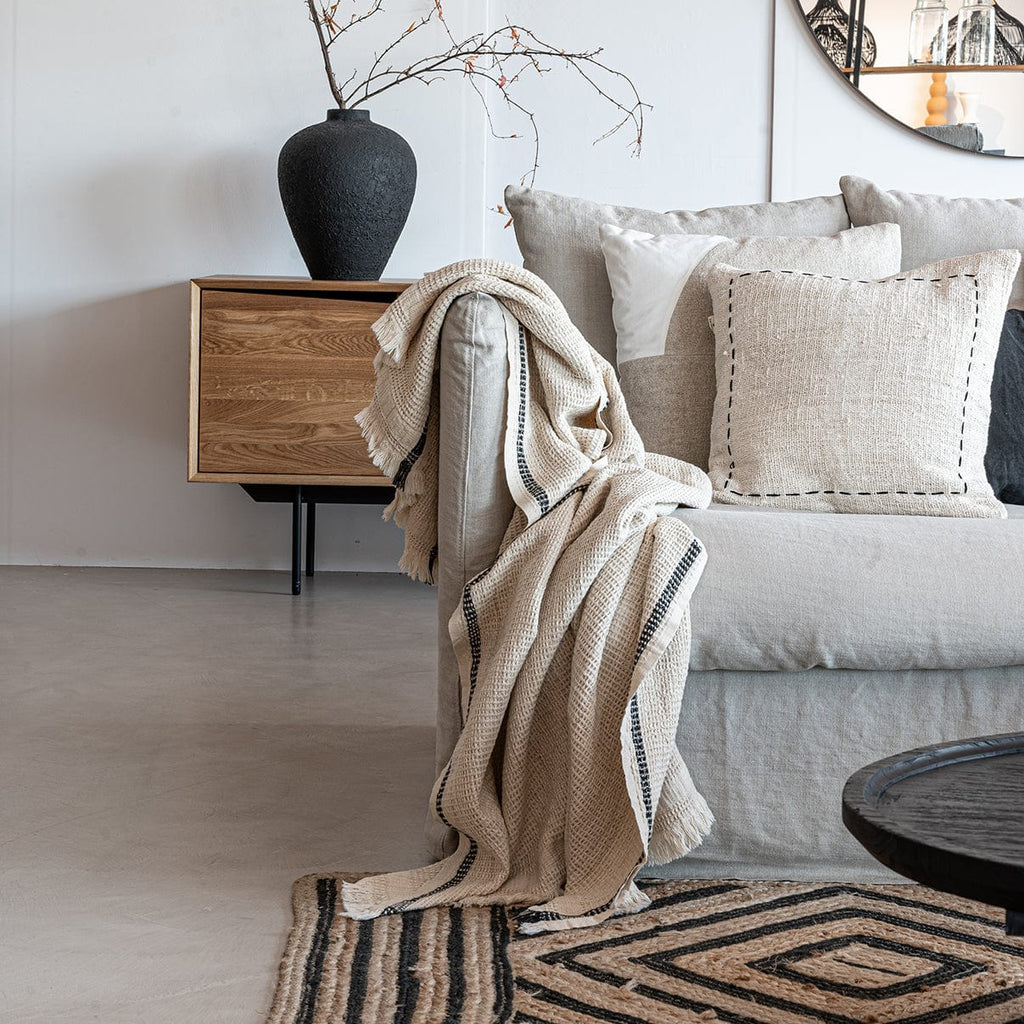 Écharpe en coton gaufré Fouta | Naturel / Noir | 125x180 cm