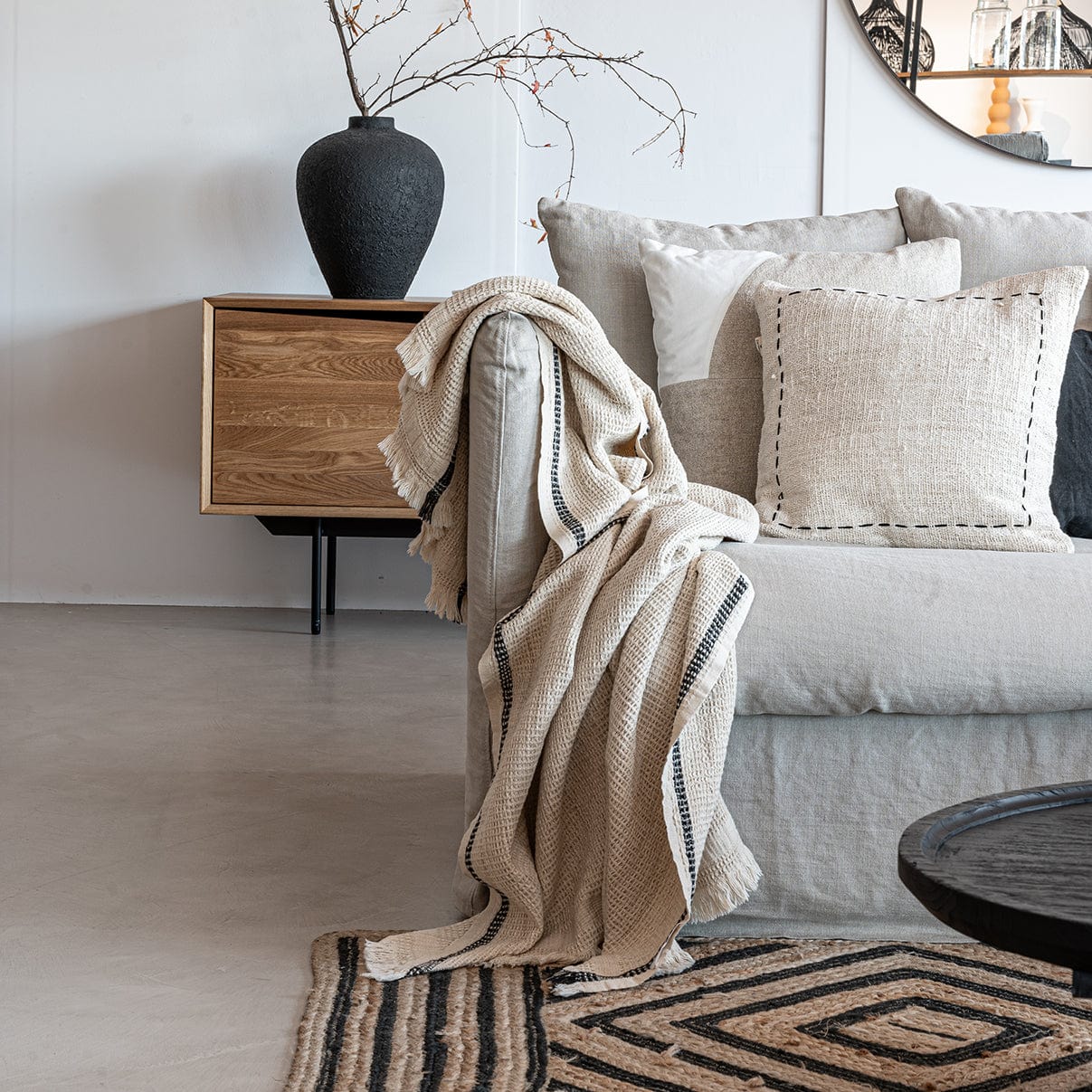 Écharpe en coton gaufré Fouta | Naturel / Noir | 125x180 cm