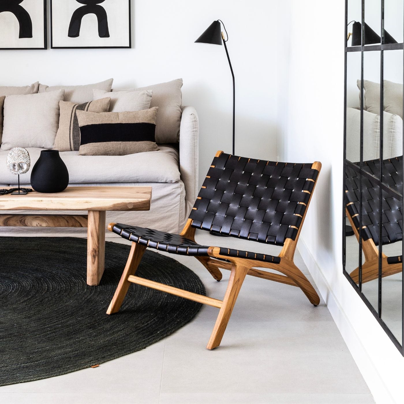 Fauteuil de salon avec ceinture en cuir | Noir