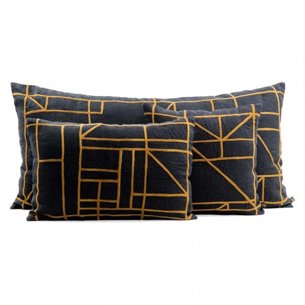 Fronce de coussin en lin | Noir/Moutarde 45x45cm