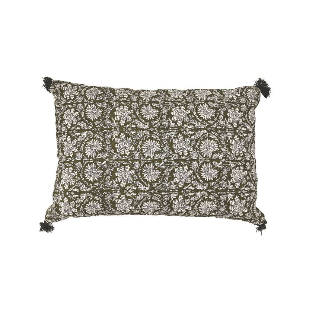 Fronce de coussin en lin | Motif floral kaki | 40x60cm