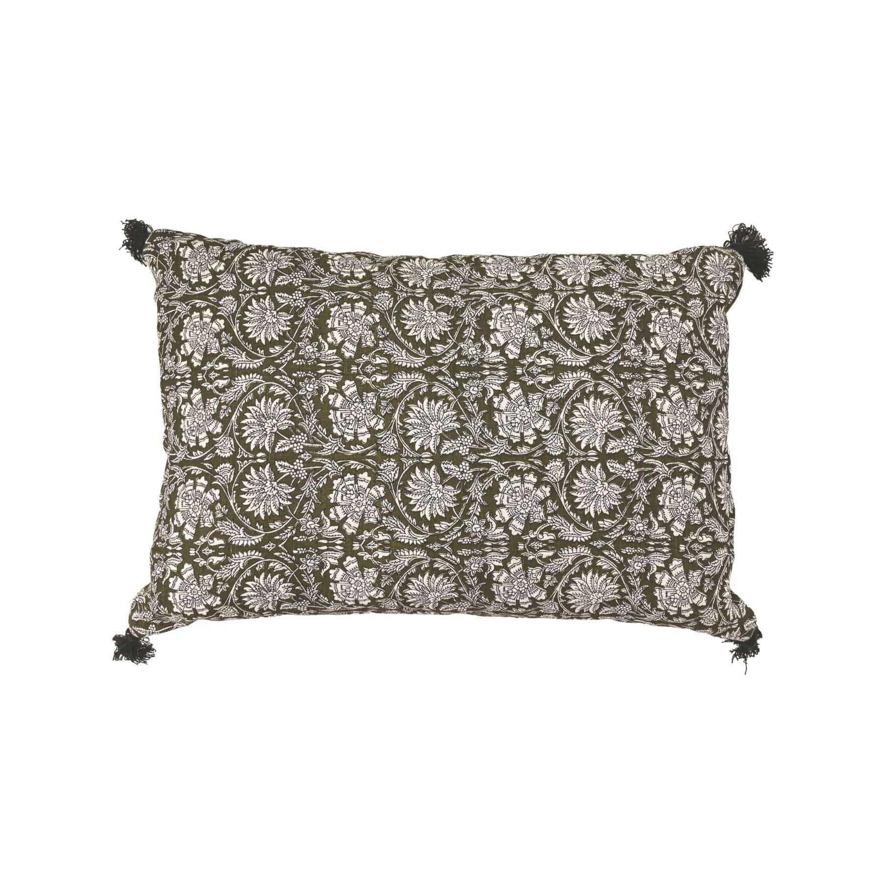 Fronce de coussin en lin | Motif floral kaki | 40x60cm
