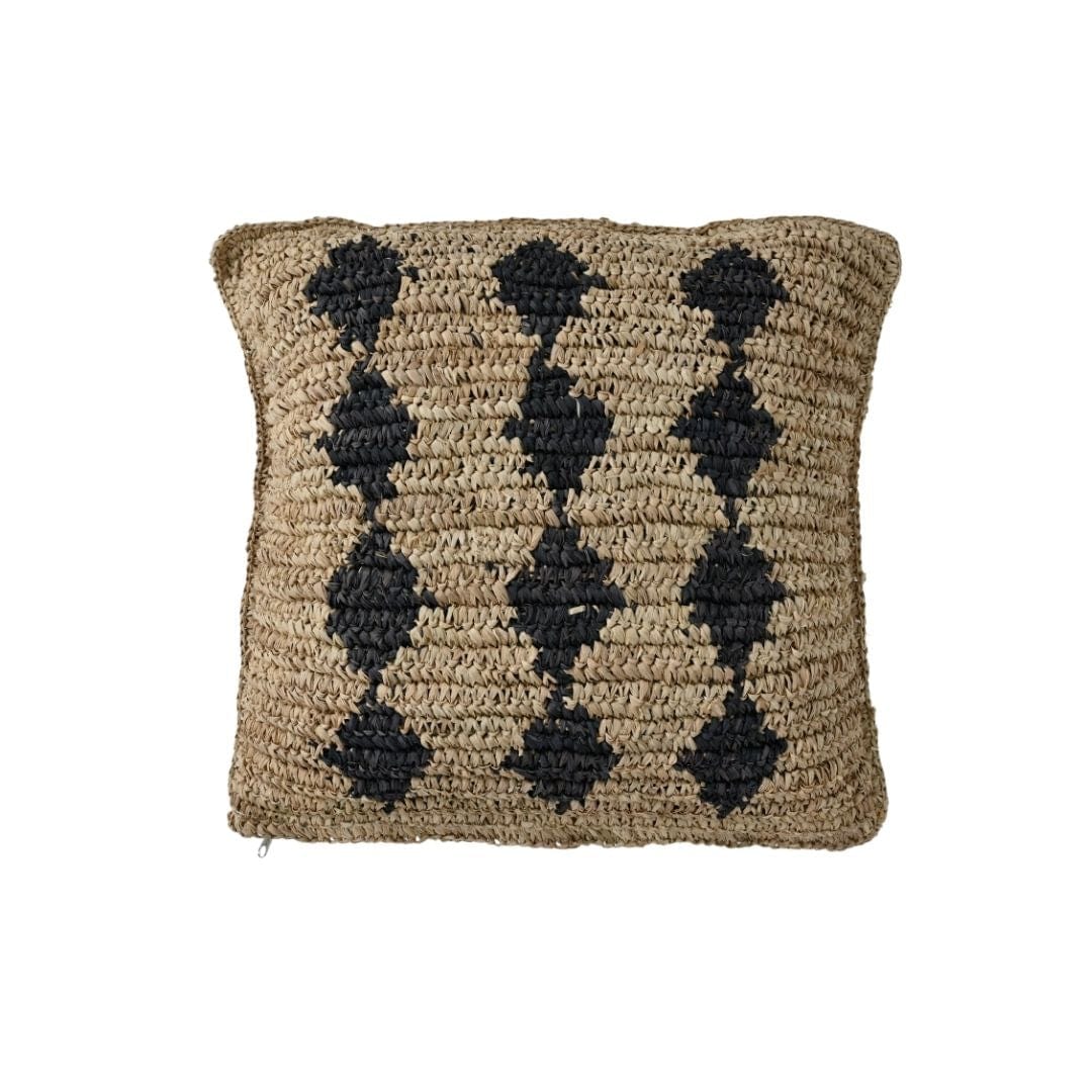 Fronce de coussin en raffia | Motif noir | 50x50cm